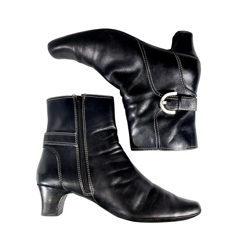 CHADWICKS! BLACK GENUINE LEATHER MODIFIED SQUARE TOE, BUCKLE, ZIP BOOTS! SZ 8M